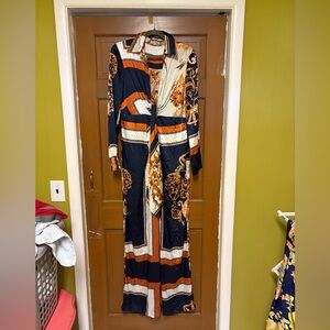 Fashion Nova Blue and White Long Sleeve one piece jumpsuit